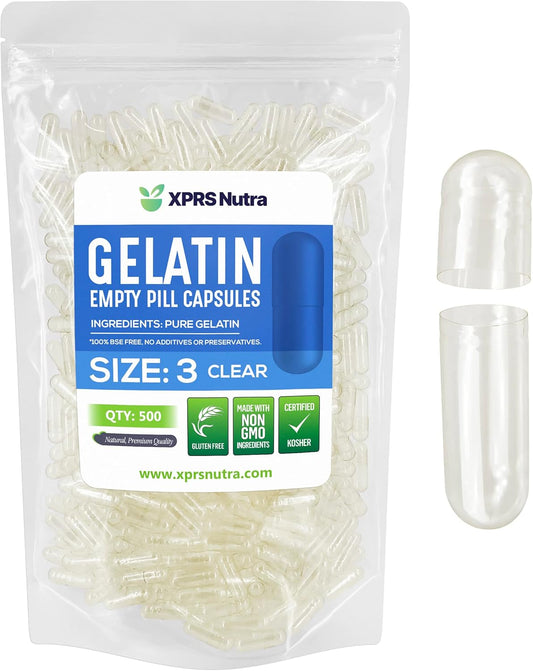 500 Count XPRS Nutra Size 3 Clear Empty Gelatin Capsules for DIY Capsule Filling - Bovine Pill Capsules
