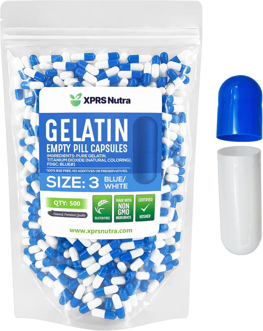 500 Count XPRS Nutra Size 3 Empty Gelatin Capsules for DIY Capsule Filling - Pure Bovine Pill Capsules in Blue/White