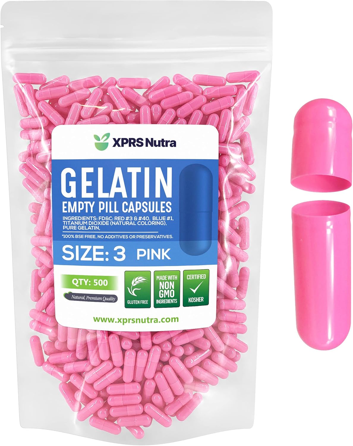 500 Count XPRS Nutra Size 3 Empty Gelatin Capsules for DIY Capsule Filling - Pure Bovine Pink Pill Caps