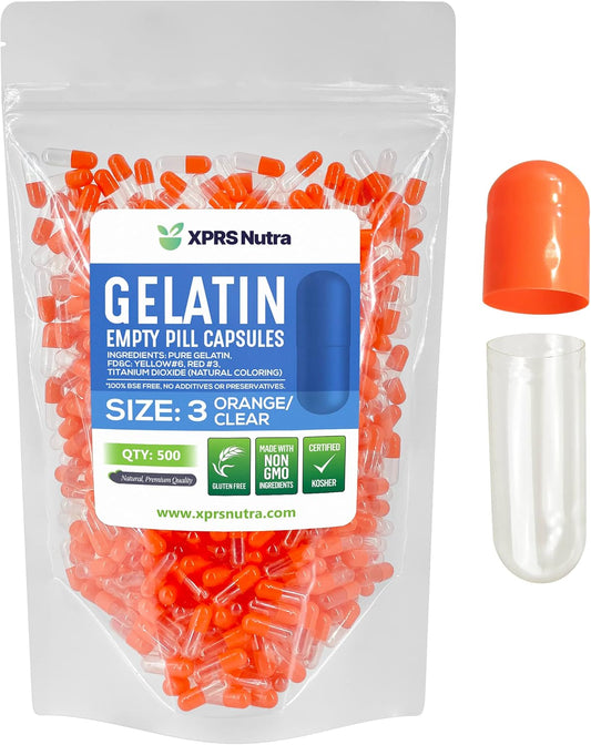 500 Count XPRS Nutra Size 3 Empty Gelatin Capsules for DIY Capsule Filling - Orange/Clear Bovine Pill Caps