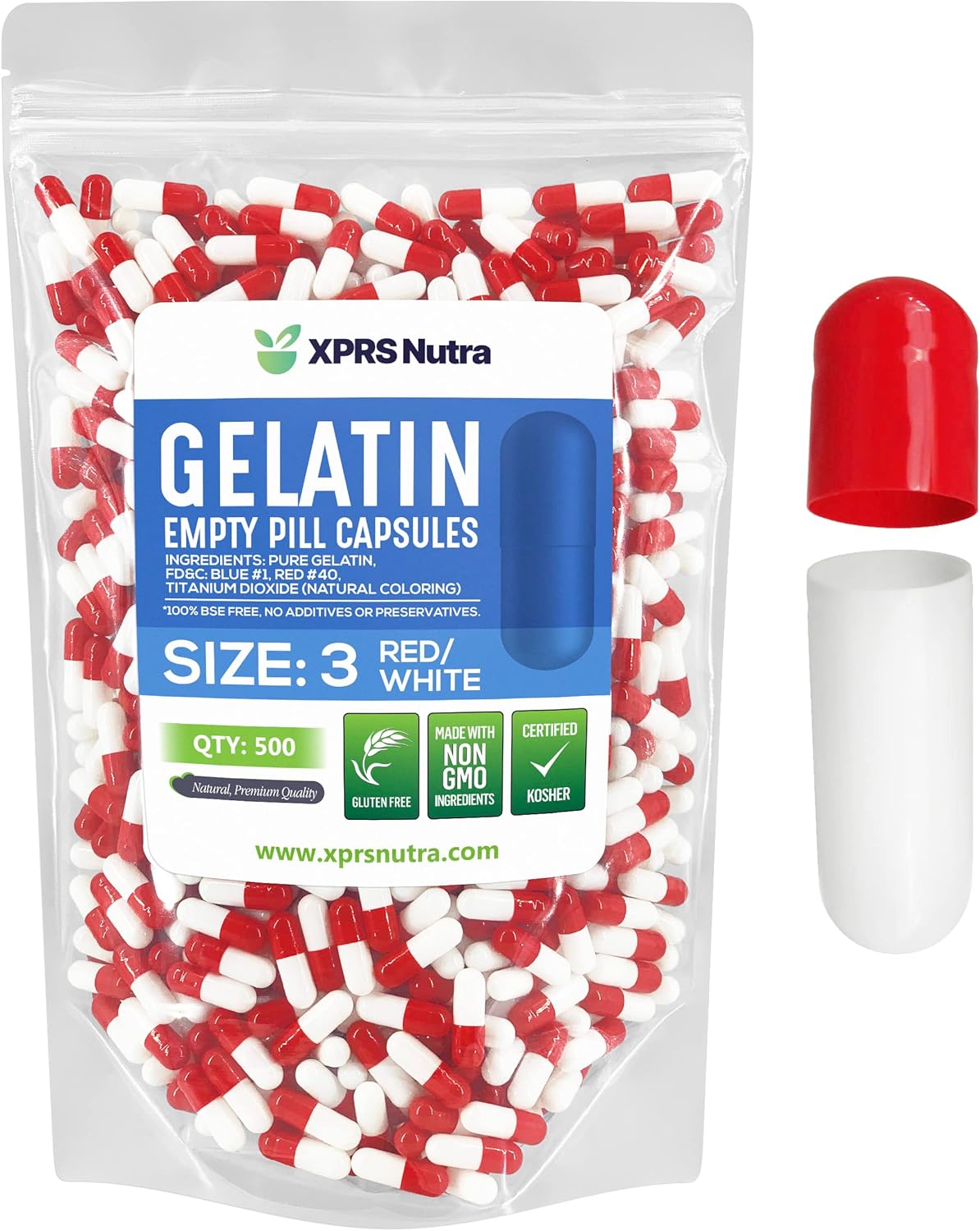 500 Count XPRS Nutra Size 3 Empty Gelatin Capsules for DIY Capsule Filling - Pure Bovine Red/White Pill Caps