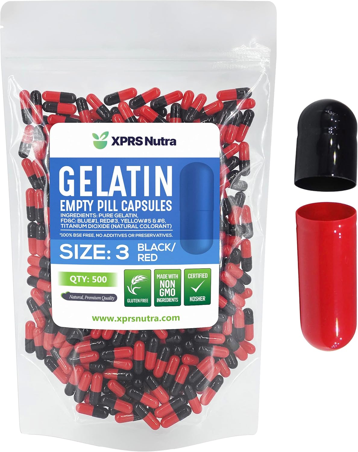 500 Count XPRS Nutra Size 3 Empty Gelatin Capsules for DIY Capsule Filling - Pure Bovine Pill Capsules Empty Gel Caps (Black/Red)
