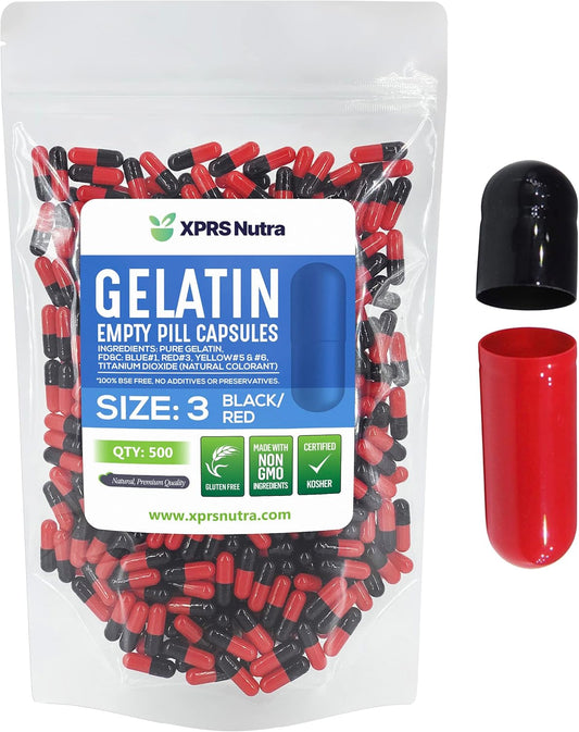 500 Count XPRS Nutra Size 3 Empty Gelatin Capsules for DIY Capsule Filling - Pure Bovine Pill Capsules Empty Gel Caps (Black/Red)