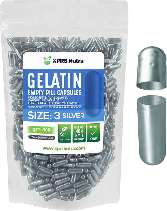 500 Count XPRS Nutra Size 3 Empty Gelatin Capsules for DIY Capsule Filling - Pure Bovine Pill Capsules