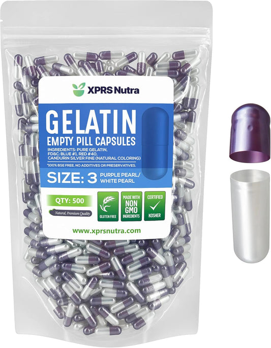 500 Count XPRS Nutra Size 3 Empty Gelatin Capsules for DIY Capsule Filling - Bovine Pill Caps (Pearl Purple/White)