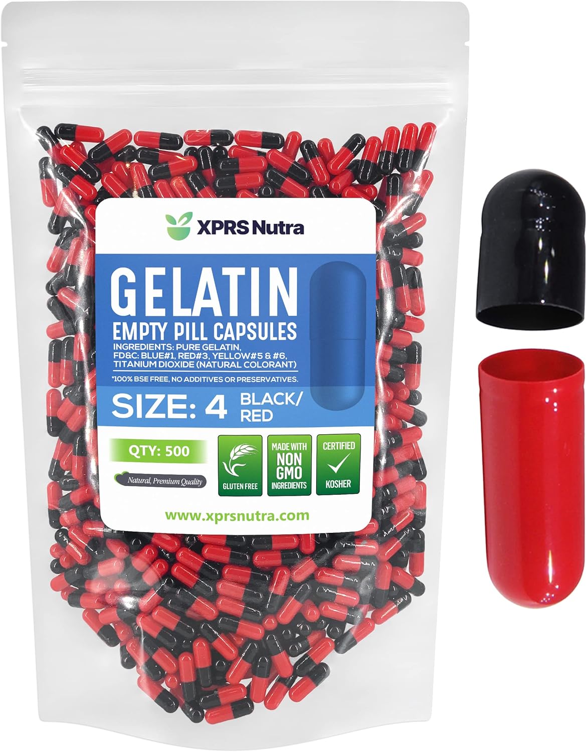 500 Count XPRS Nutra Size 4 Empty Gelatin Capsules for DIY Capsule Filling - Bovine Pill Capsules in Black/Red