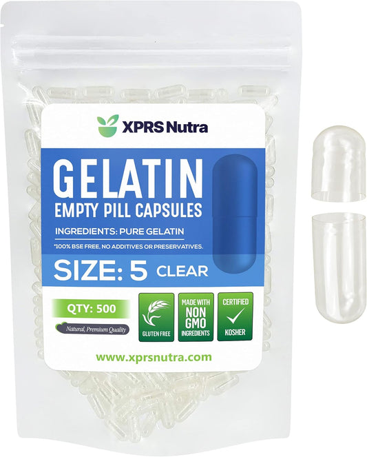 500 Count XPRS Nutra Size 5 Clear Empty Gelatin Capsules for DIY Filling