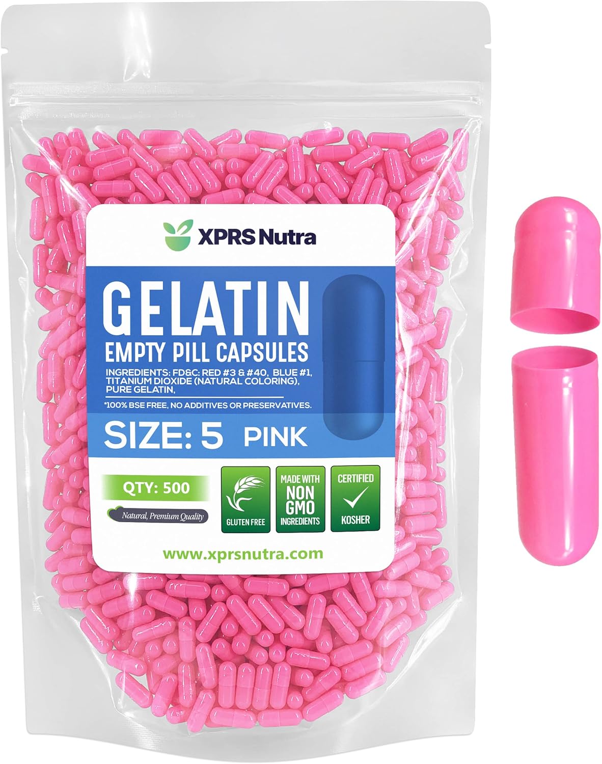500 Count XPRS Nutra Size 5 Pink Empty Gelatin Capsules for DIY Capsule Filling