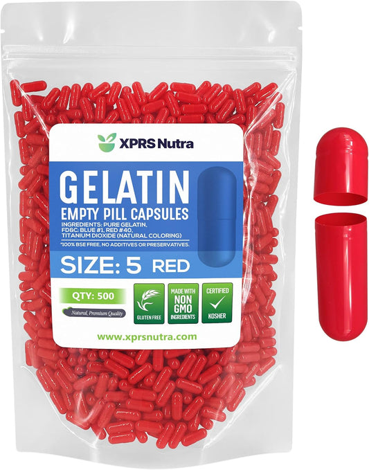 500 Count XPRS Nutra Size 5 Small Empty Gelatin Capsules for DIY Capsule Filling - Fillable Red Empty Pill Caps