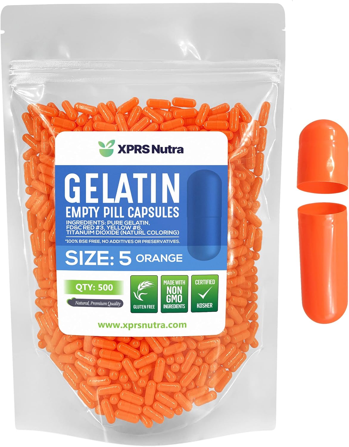 500 Count XPRS Nutra Size 5 Small Empty Gelatin Capsules - Orange Fillable DIY Pill Capsules for Filling