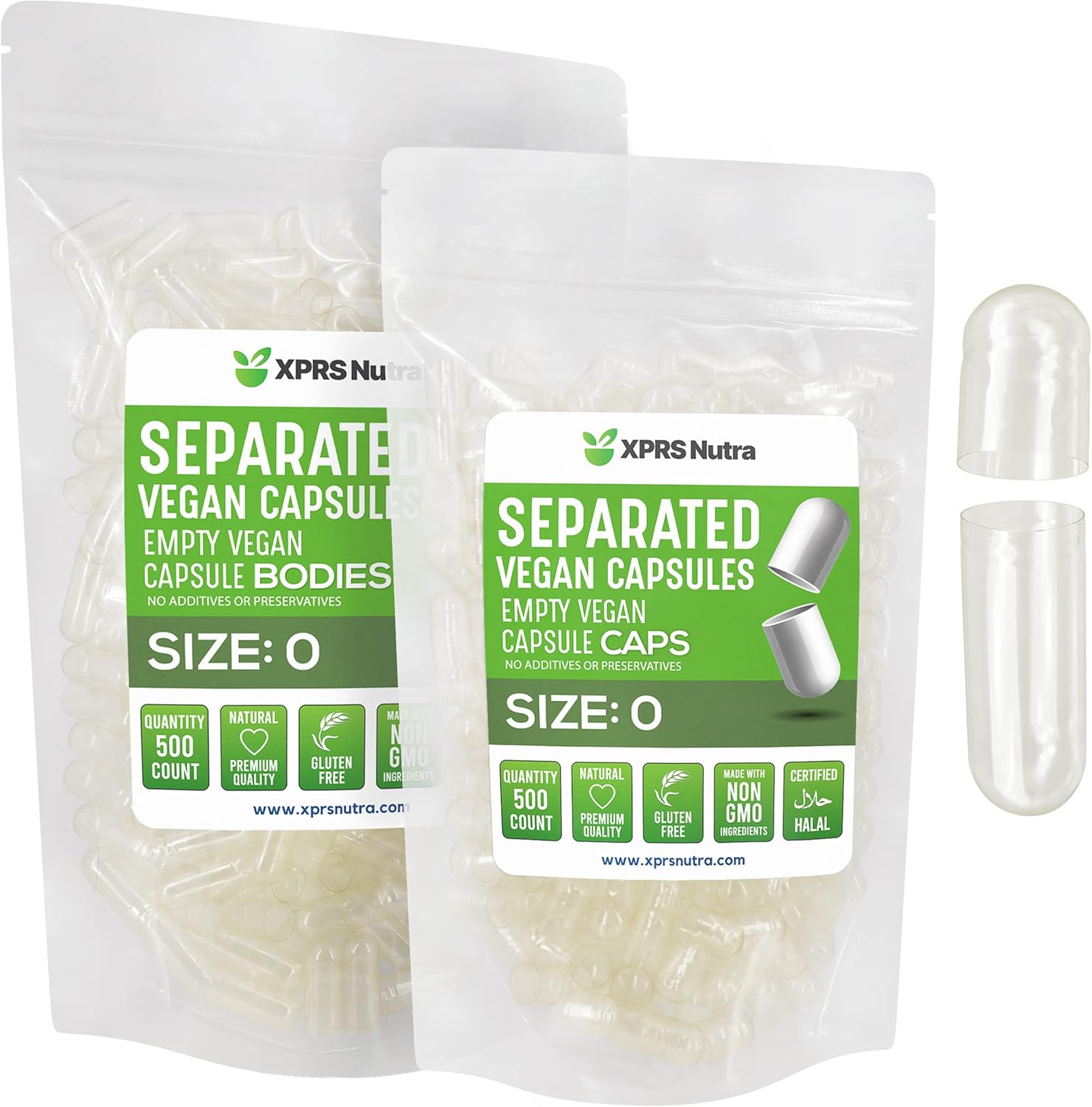500 Count XPRS Nutra Vegan Size 0 Empty Capsules Separated in Bags for DIY Supplement Filling