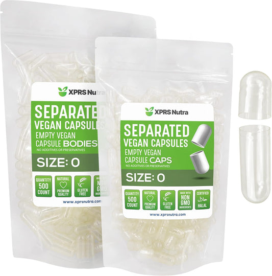 500 Count XPRS Nutra Vegan Size 0 Empty Capsules Separated in Bags for DIY Supplement Filling