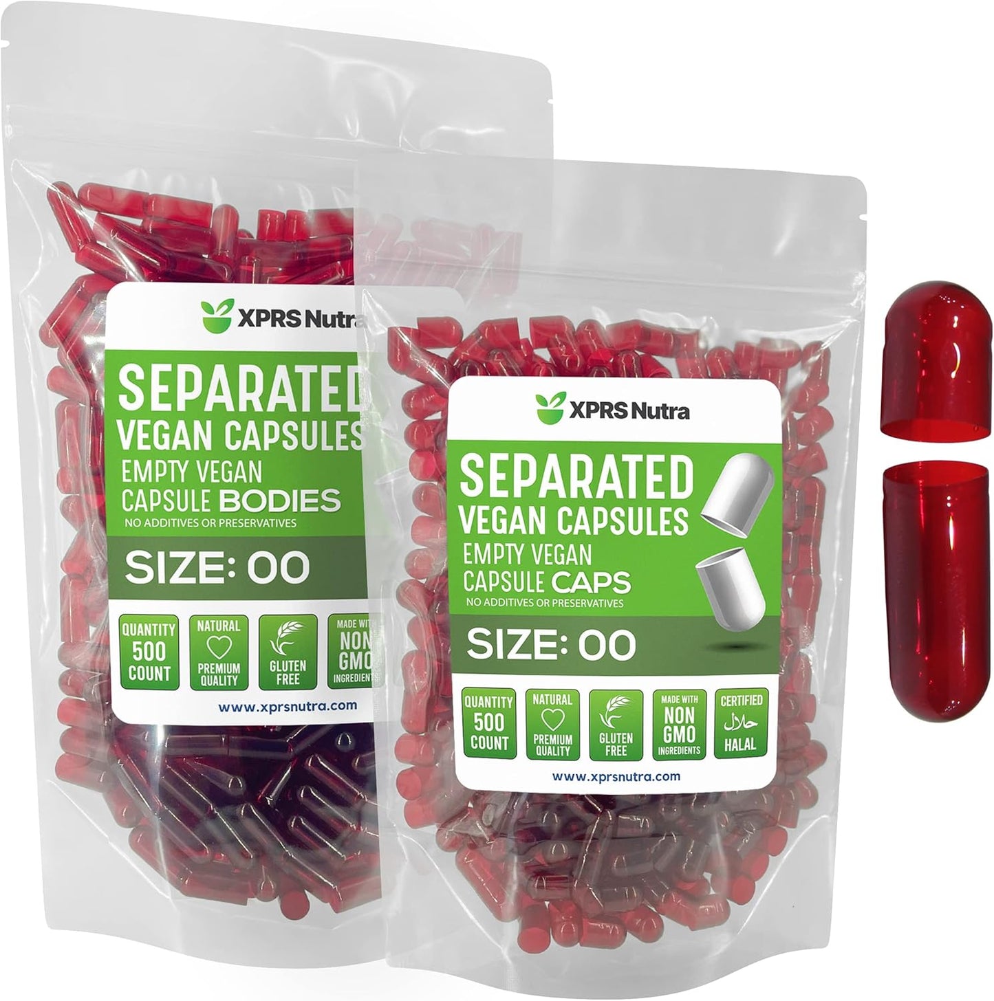 500 Count XPRS Nutra Vegan Size 00 Empty Capsules - Premium Empty Capsules in Bags - Clear Red Separated Pill Capsules for DIY Supplement Filling - BoostGo Australia