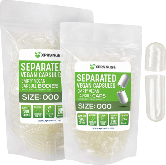 500 Count XPRS Nutra Vegan Size 000 Clear Empty Capsules Separated in Bags for DIY Supplement Filling