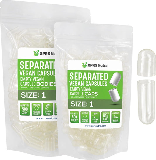 500 Count XPRS Nutra Vegan Size 1 Clear Empty Capsules in Bags for DIY Supplement Filling