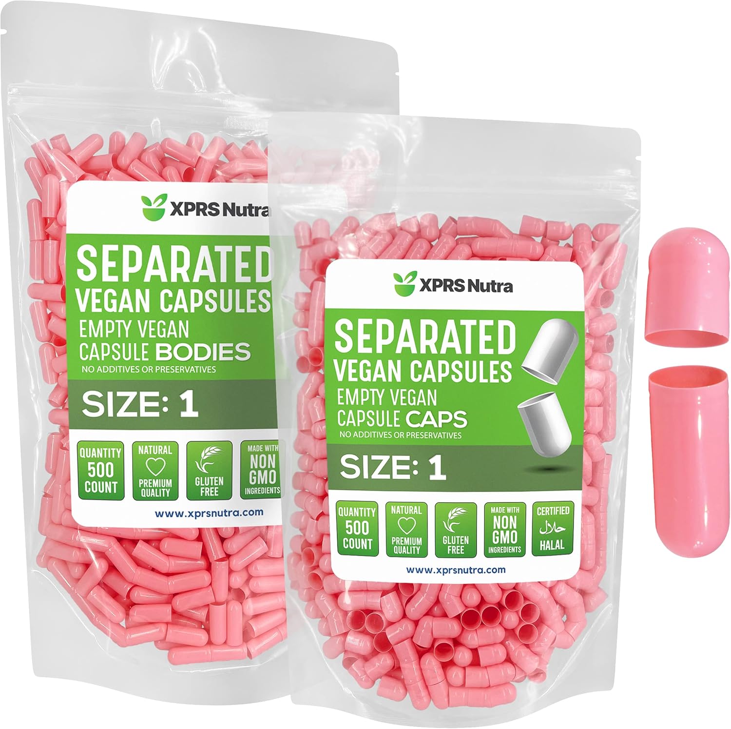500 Count XPRS Nutra Vegan Size 1 Separated Pink Empty Capsules for DIY Supplement Filling