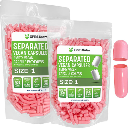 500 Count XPRS Nutra Vegan Size 1 Separated Pink Empty Capsules for DIY Supplement Filling
