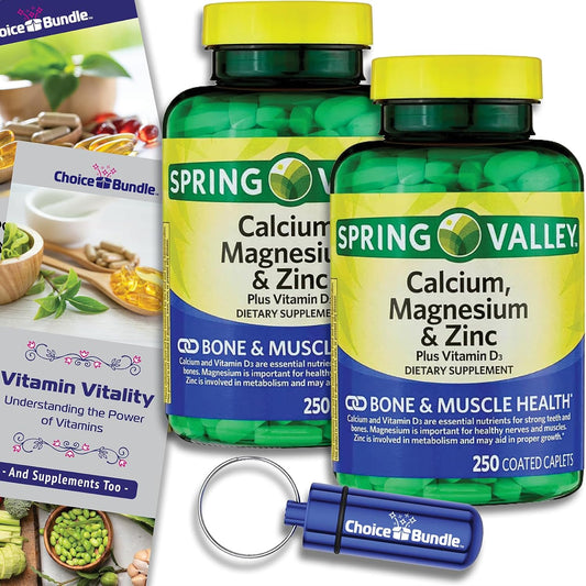 500 ct Spring Valley Calcium, Magnesium, Zinc, Vitamin D3 Caplets Bundle with Vitamin Vitality Guide & Pill Container