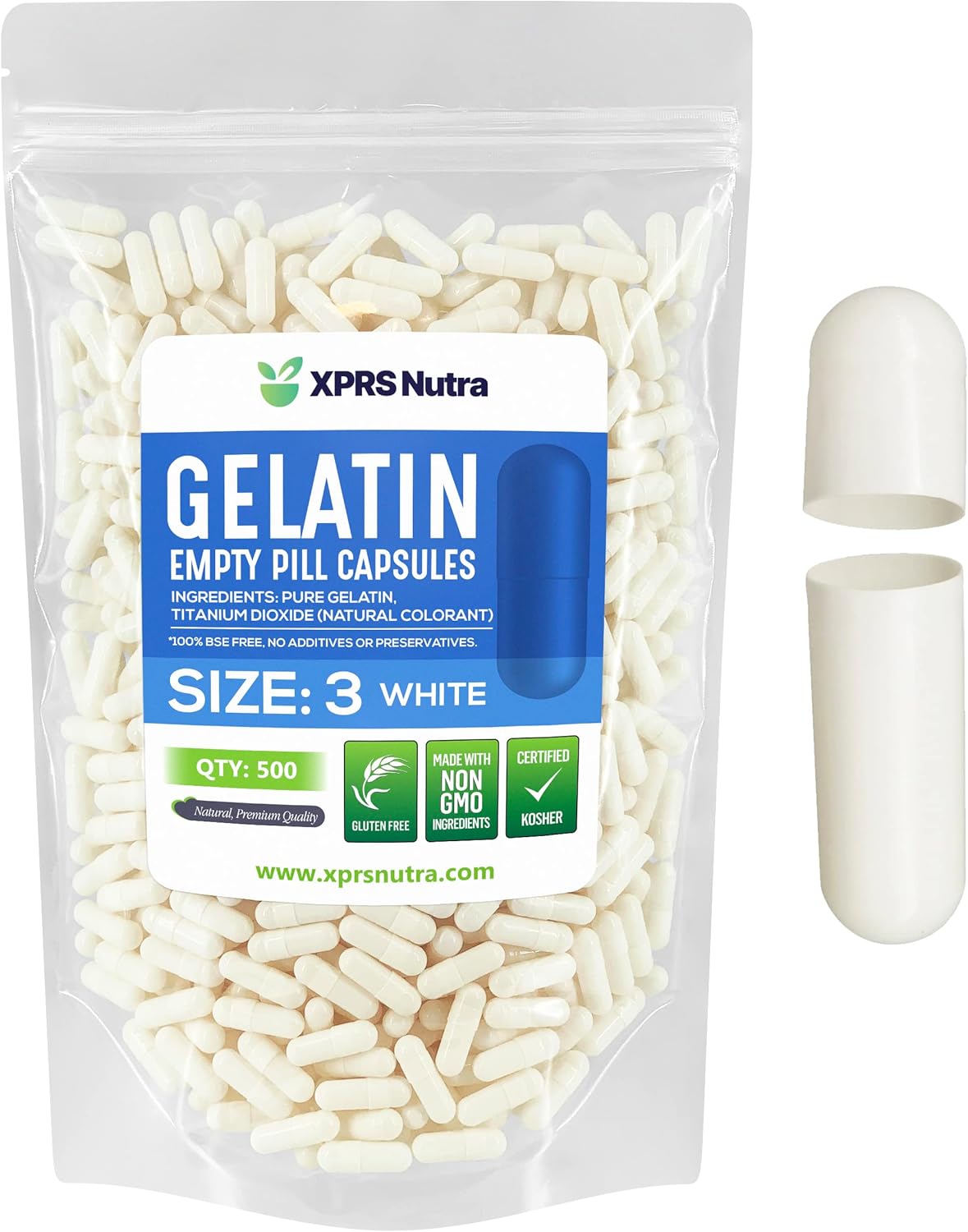 500 Empty Gelatin Capsules for DIY Capsule Filling - XPRS Nutra Size 3 Empty Pill Capsules - Pure Bovine Gel Caps (White)