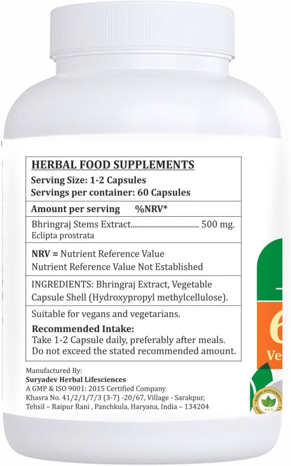 500 mg Bhringraj Capsules - 60 Count Eclipta Prostrata Extract - Pack of 1