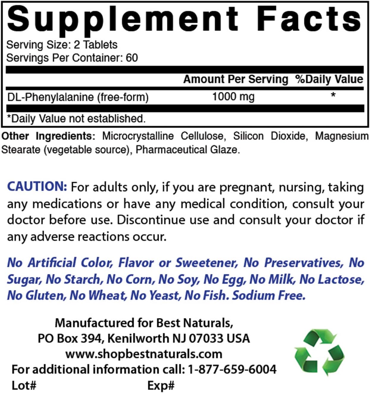 500 mg DLPA Tablets - Best Natural Supplement for Pain Relief - 120 Count