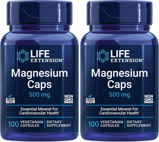 500 mg Magnesium Capsules for Heart Health, Bones & Metabolism - Pack of 2 - 200 Vegetarian Capsules total