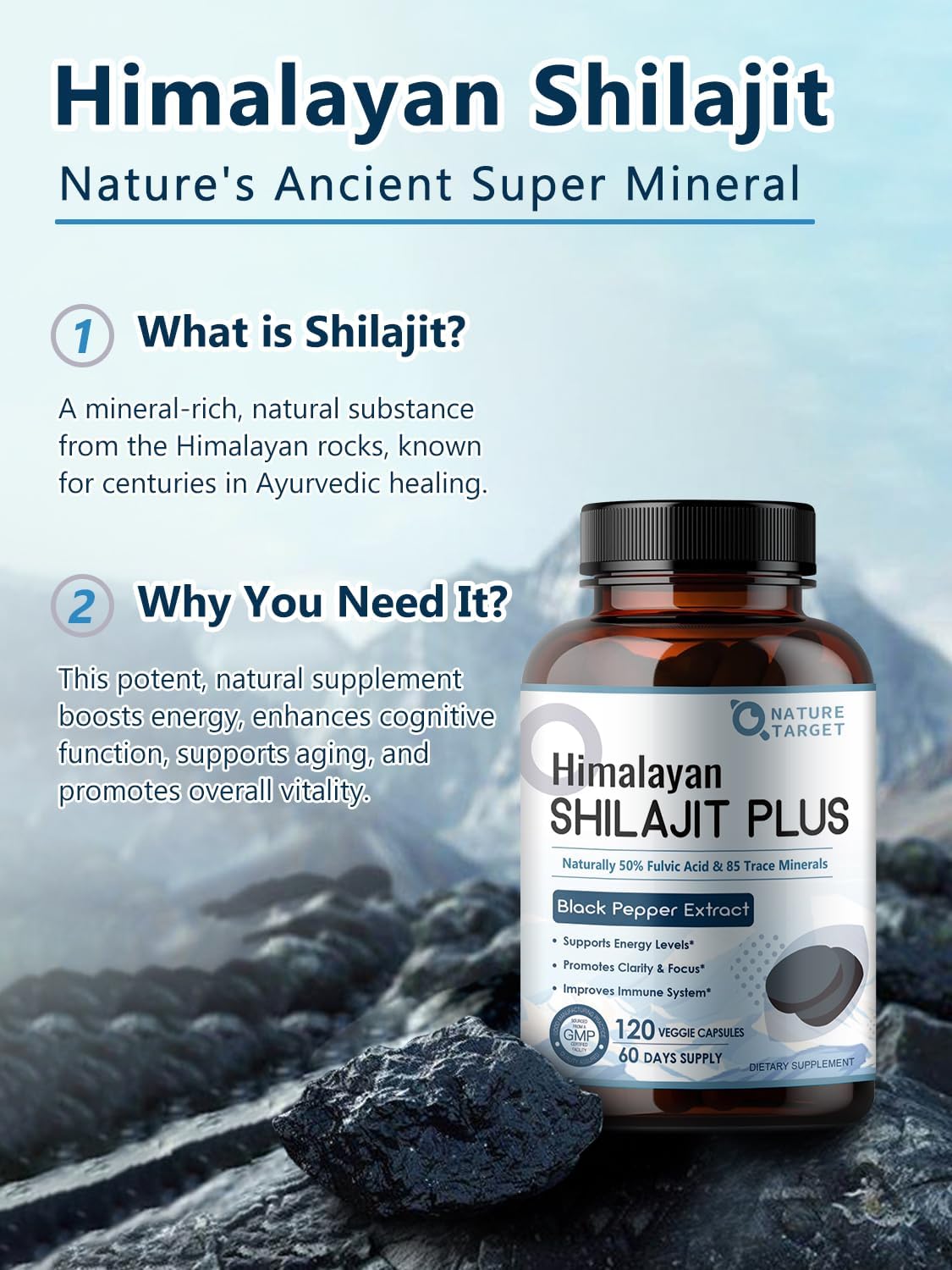 500 MG Shilajit Capsules with 50% Fulvic Acid for Energy, 85+ Trace Minerals - Men & Women - 120 Caps