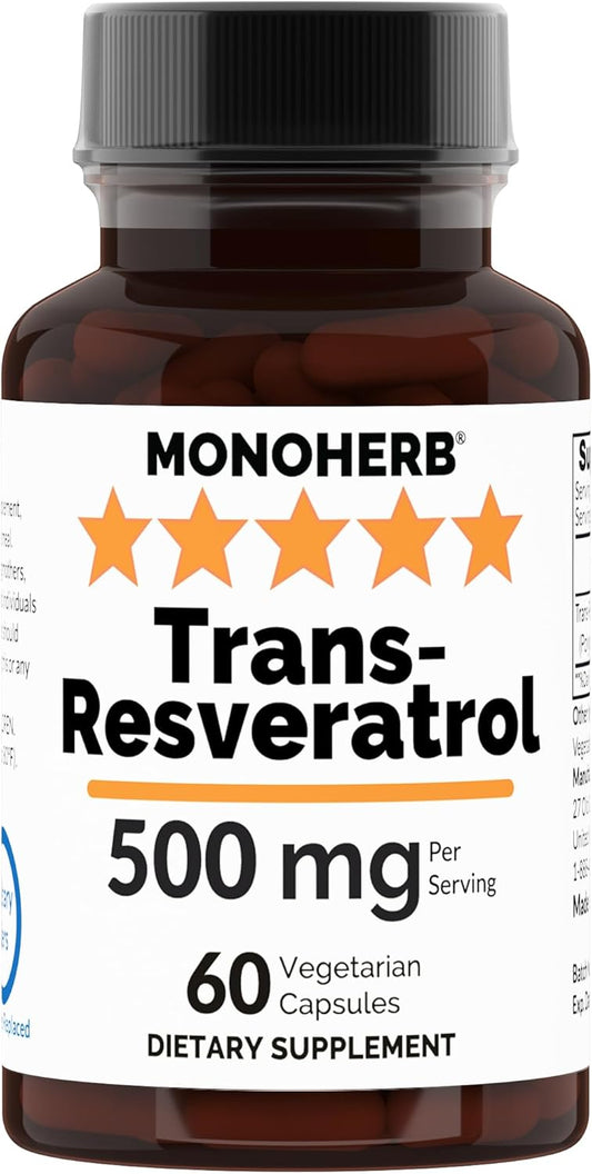 500 mg Trans Resveratrol Monoherb Veg Capsules - Natural Antioxidant Supplement with 250 mg per Capsule - 60 Count, 30 Servings