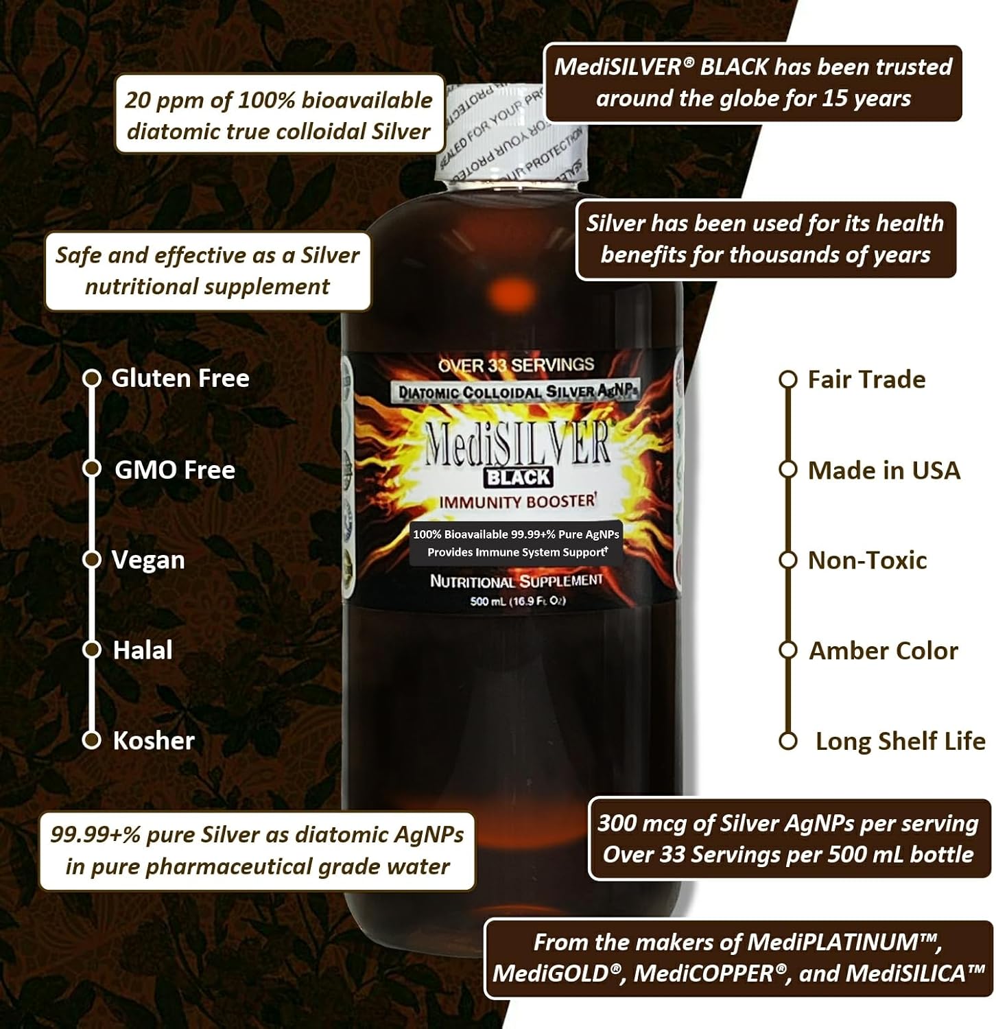 500 mL Nutraneering MediSILVER Black Immunity Booster Colloidal Silver AgNP Nutrient - Clear Plastic Bottle