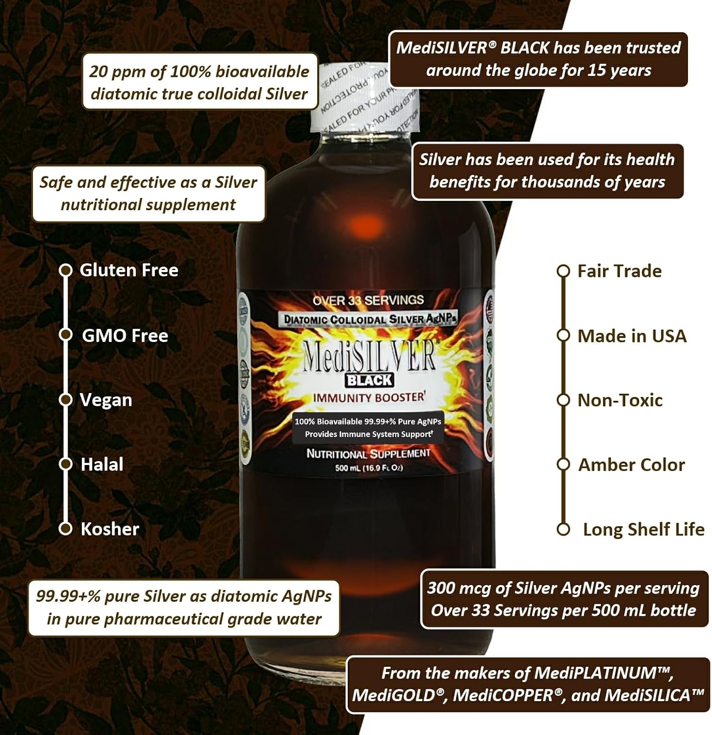 500 mL Nutraneering MediSILVER Black True Colloidal Silver AgNP Immunity Booster - Clear Glass Bottle