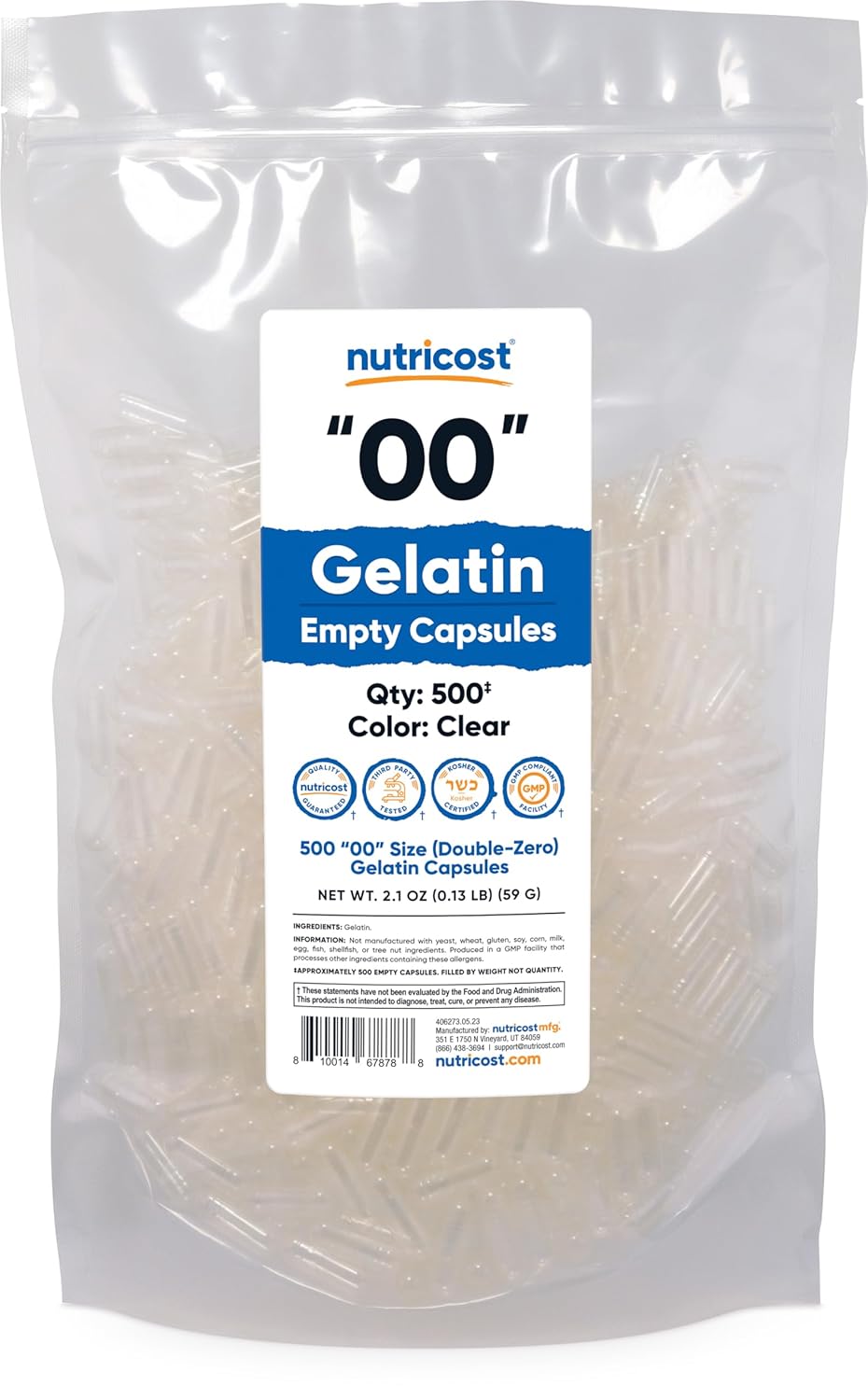 500 Nutricost Size 00 Clear Empty Gelatin Capsules - Kosher Certified, Non-GMO, Soy & Gluten Free
