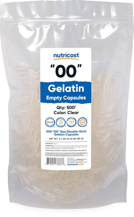 500 Nutricost Size 00 Clear Empty Gelatin Capsules - Kosher Certified, Non-GMO, Soy & Gluten Free