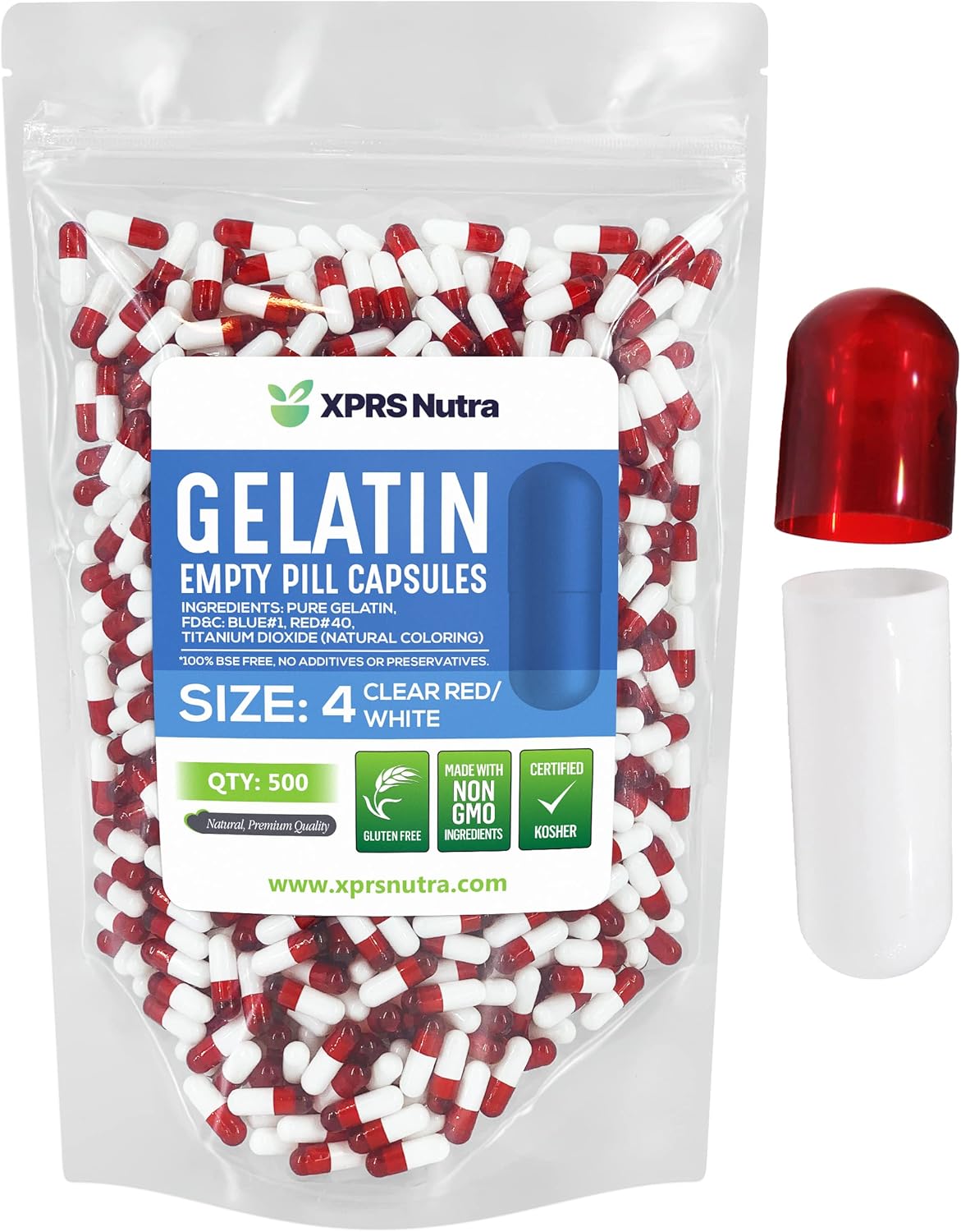 500 Small Empty Gelatin Capsules for DIY Capsule Filling - Clear Red/White Gel Caps - Bovine Pill Capsules - XPRS Nutra Size 4 Empty Capsules