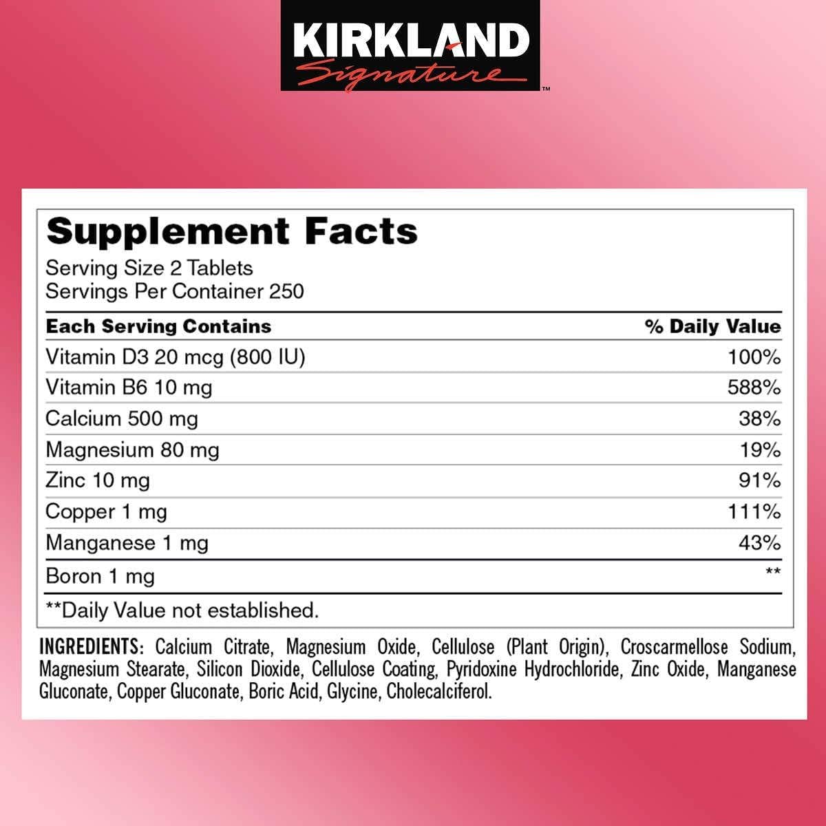 500 Tablets Kirkland Signature Calcium Citrate Magnesium Zinc Supplement for Bone Health and Immune Support
