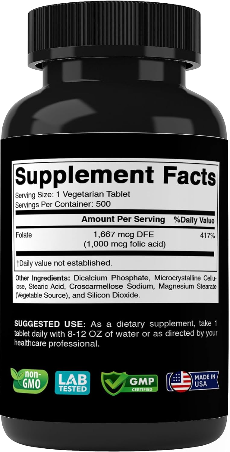 500 Vegetarian Tablets of Vitabod Folic Acid 1 mg (1000 mcg) - Essential Prenatal and Postnatal Vitamin B9