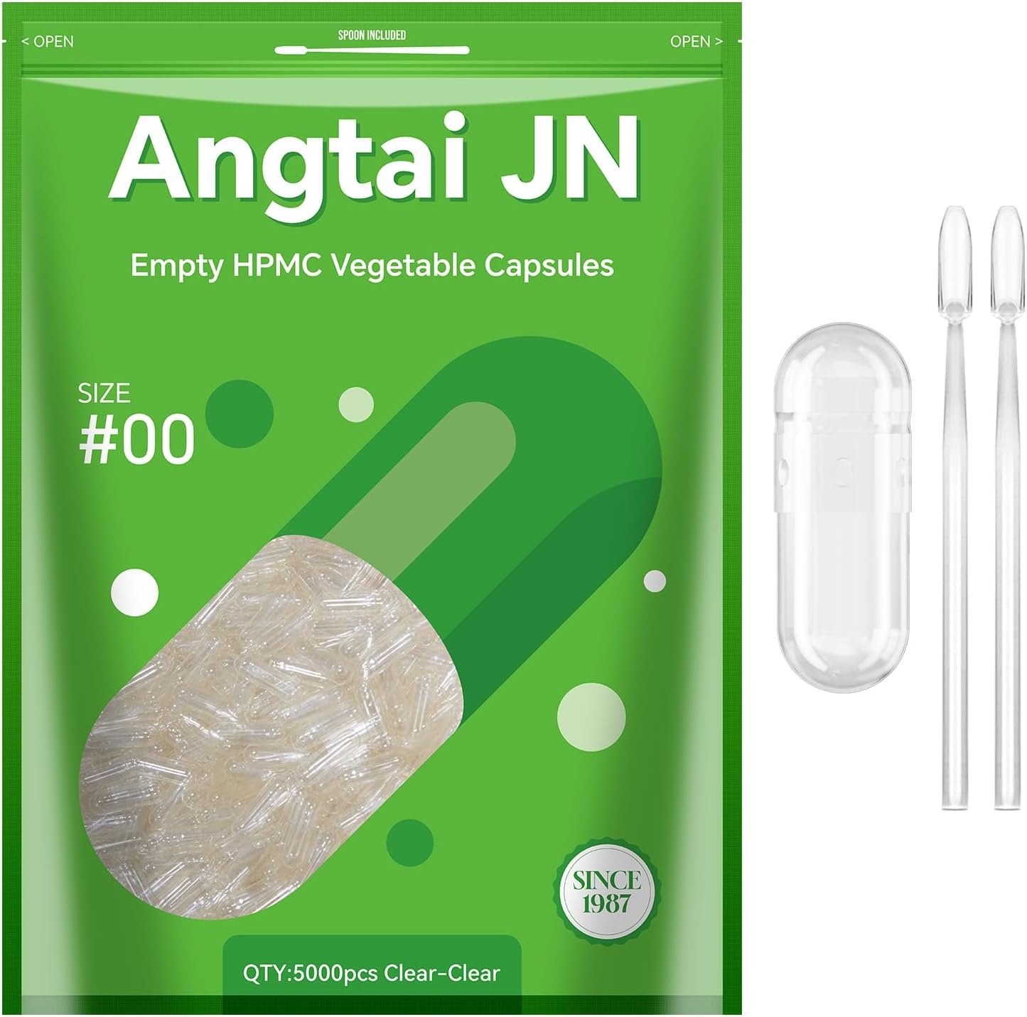 5,000 Count Angtai JN Vegan Capsules Size 00 Empty Plant Based Clear Kit - Gluten Free, Non-GMO, Halal Certified Pill Caps Filling with Spoons for Vegetarian Supplements
