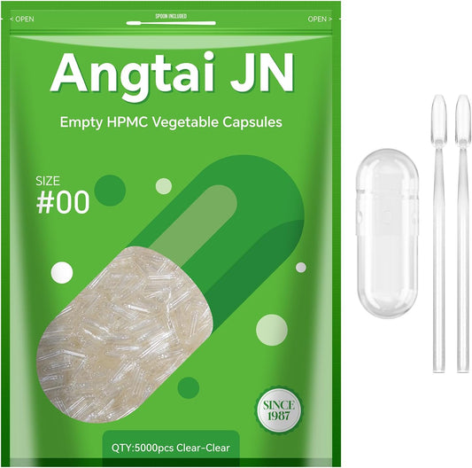 5,000 Count Angtai JN Vegan Capsules Size 00 Empty Plant Based Clear Kit - Gluten Free, Non-GMO, Halal Certified Pill Caps Filling with Spoons for Vegetarian Supplements