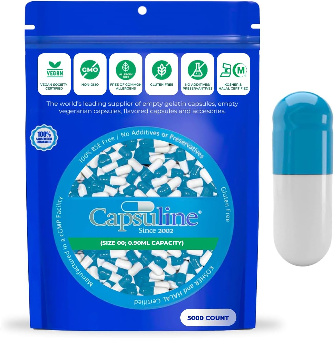 5000 Count Blue/White Size 00 Empty Vegan Capsules | Vegetarian, Kosher, Non-GMO, Halal | DIY Vegetable Capsule Filling