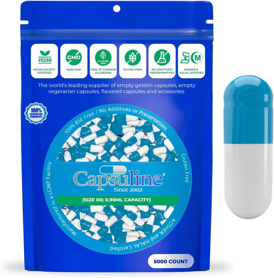 5000 Count Blue/White Size 00 Empty Vegan Capsules | Vegetarian, Kosher, Non-GMO, Halal | DIY Vegetable Capsule Filling