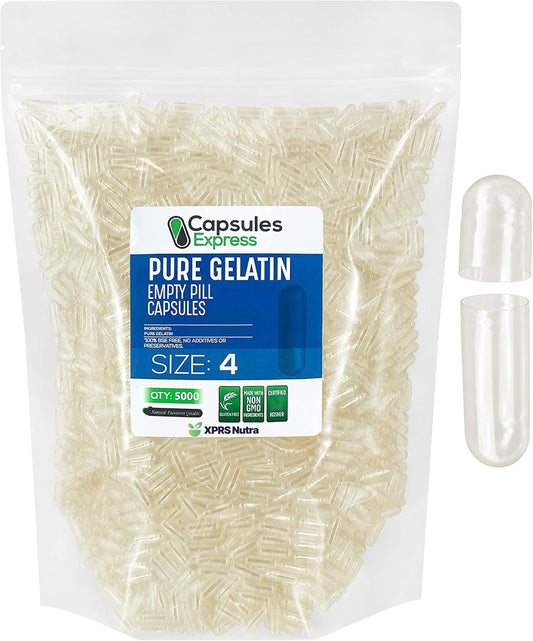 5000 Count Clear Empty Gelatin Capsules for DIY Capsule Filling - Fillable Pure Bovine Pill Capsules - XPRS Nutra Size 4 Empty Capsules