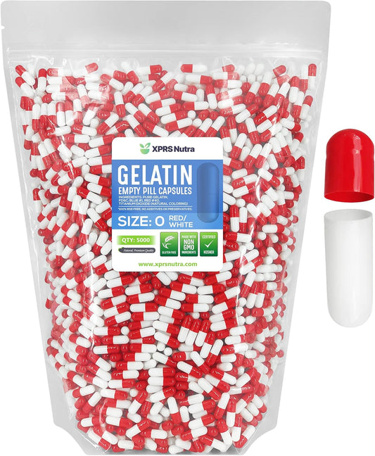 5000 Count Size 0 Empty Gelatin Capsules for DIY Capsule Filling - Pure Bovine Pill Capsules - Red/White Empty Gel Caps