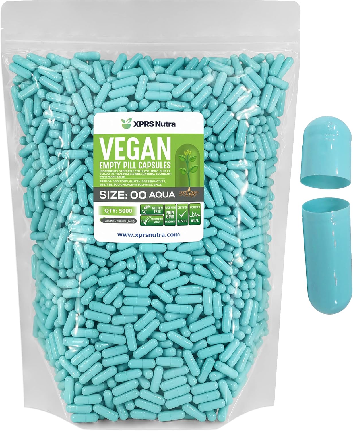 5000 Count Size 00 Empty Vegan Capsules for DIY Vegetable Pill Filling - Aqua Veggie Caps