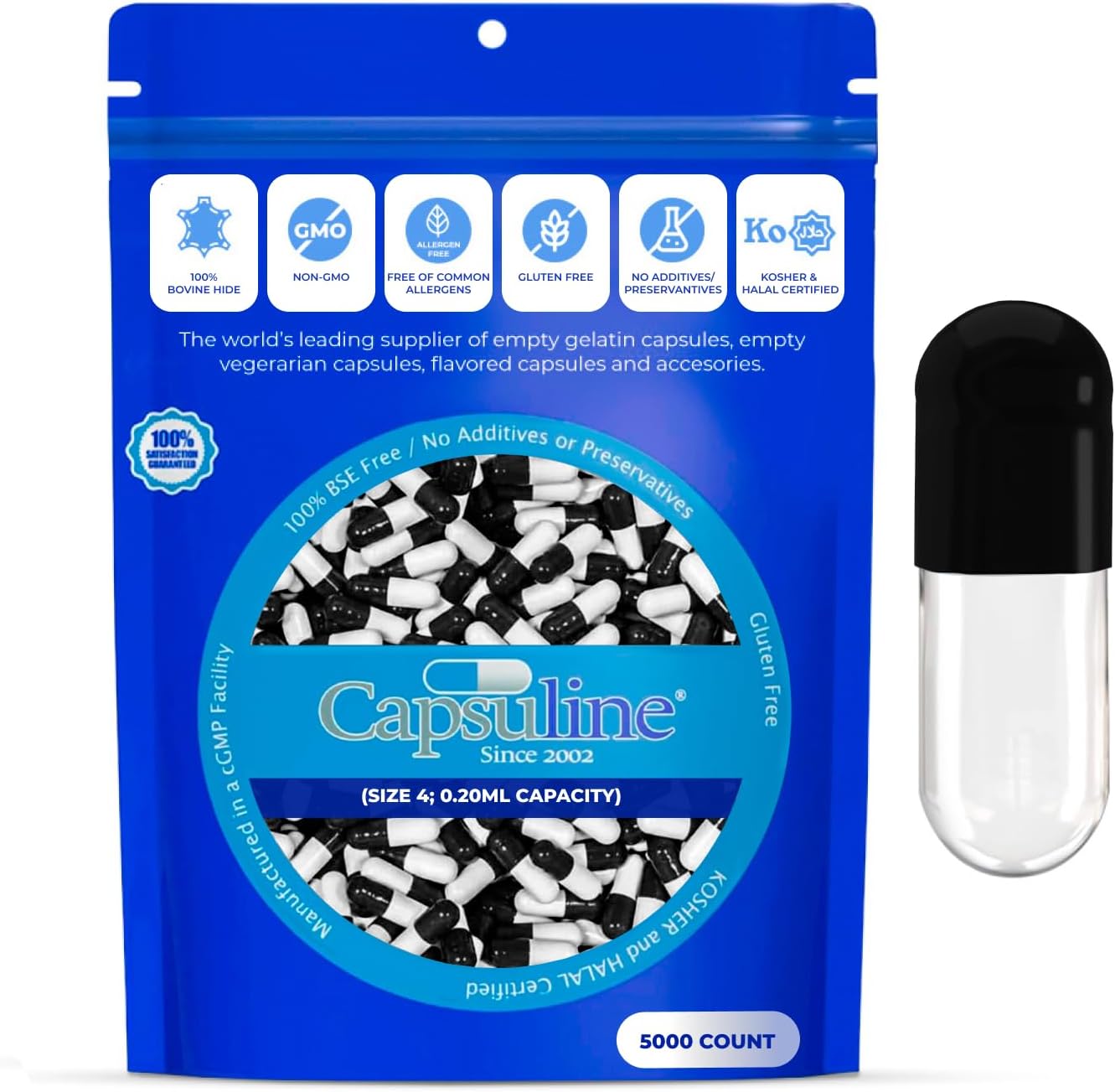 5000 Count Size 4 Black/Clear Empty Gelatin Capsules - Gluten Free, Kosher, Non-GMO Certified - Bovine Pill Caps for DIY Supplement Filling