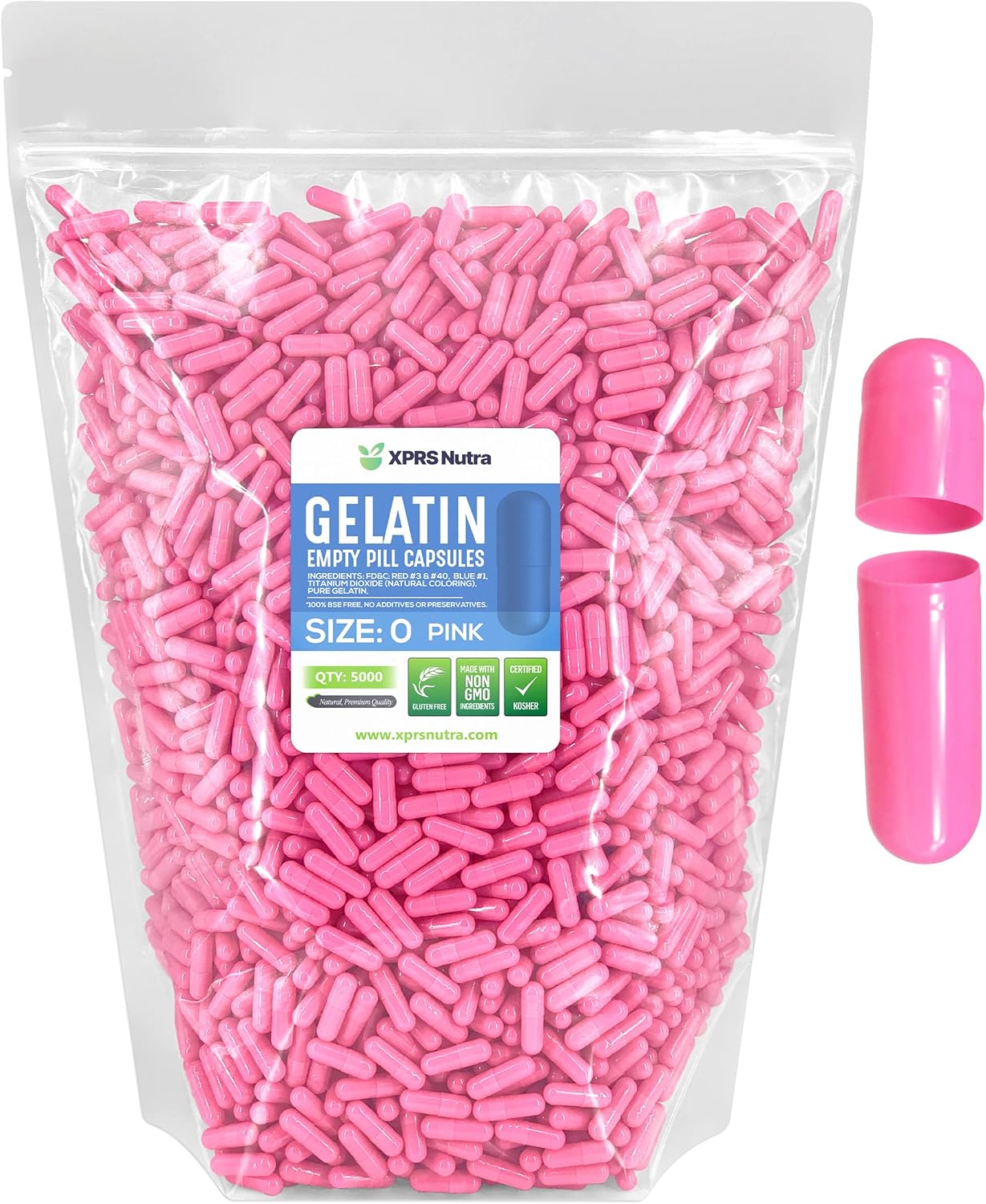 5000 Count XPRS Nutra Size 0 Empty Gelatin Capsules for DIY Capsule Filling - Pure Bovine, Pink Caps