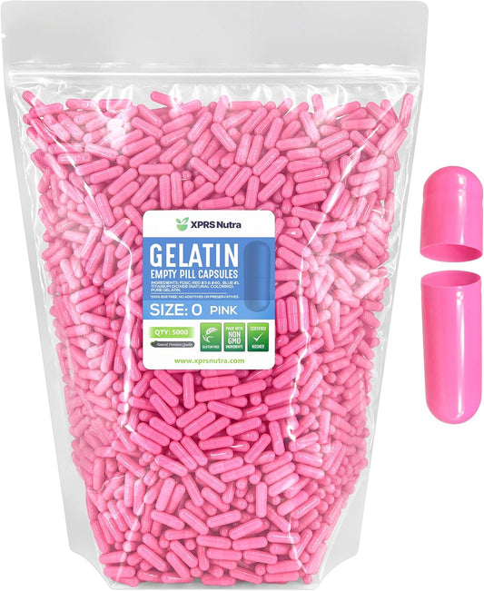 5000 Count XPRS Nutra Size 0 Empty Gelatin Capsules for DIY Capsule Filling - Pure Bovine, Pink Caps