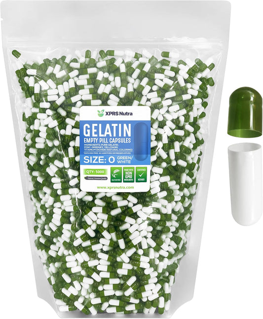 5000 Count XPRS Nutra Size 0 Empty Gelatin Capsules for DIY Capsule Filling - Pure Bovine Pill Capsules in Green/White