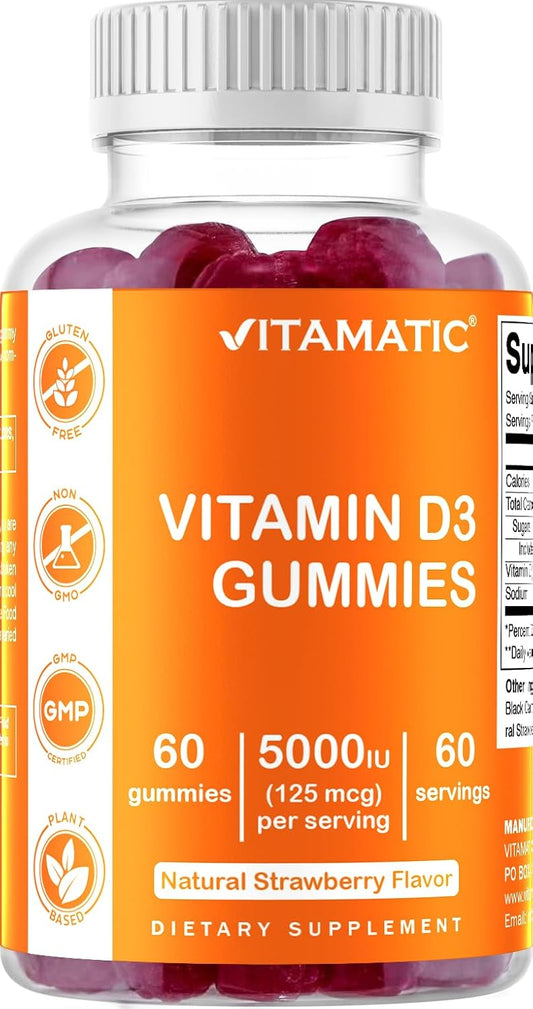 5000 IU Vitamin D3 Gummies for Healthy Bones, Teeth, and Immune System - 60 Gummies with Great Taste for Better Mood and Joint Support