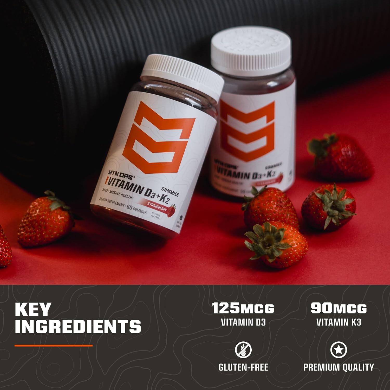 5000 IU Vitamin D3 K2 Gummies | Natural Strawberry Flavor | 60 Servings Gluten-Free Soft-Chew Gummies