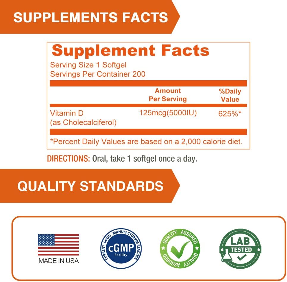 5000 IU Vitamin D3 Softgels | Mini-Size for Easy Swallowing | Bone, Teeth, Muscle, Immune Support | 200 Count Gluten Free