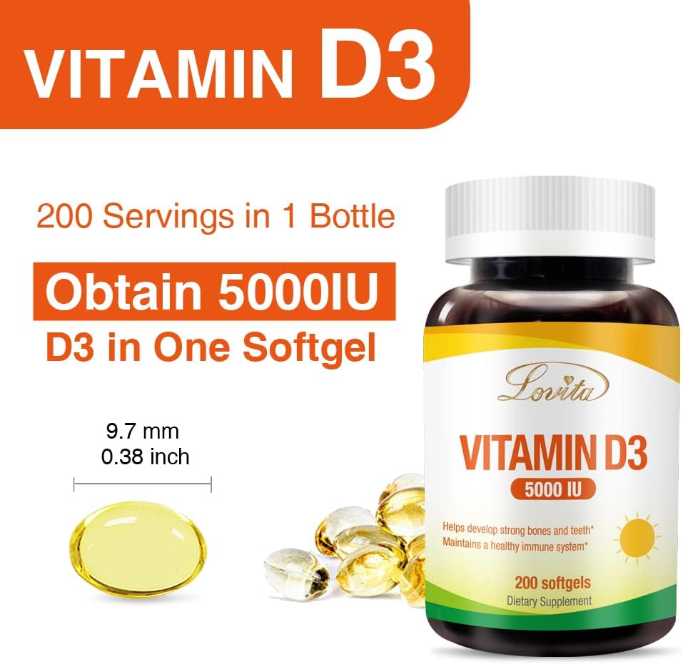 5000 IU Vitamin D3 Softgels | Mini-Size for Easy Swallowing | Bone, Teeth, Muscle, Immune Support | 200 Count Gluten Free